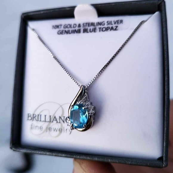 Brilliance Genuine 10kt gold & Sterling Silver Blue Topaz Diamond Necklace - Picture 3 of 5